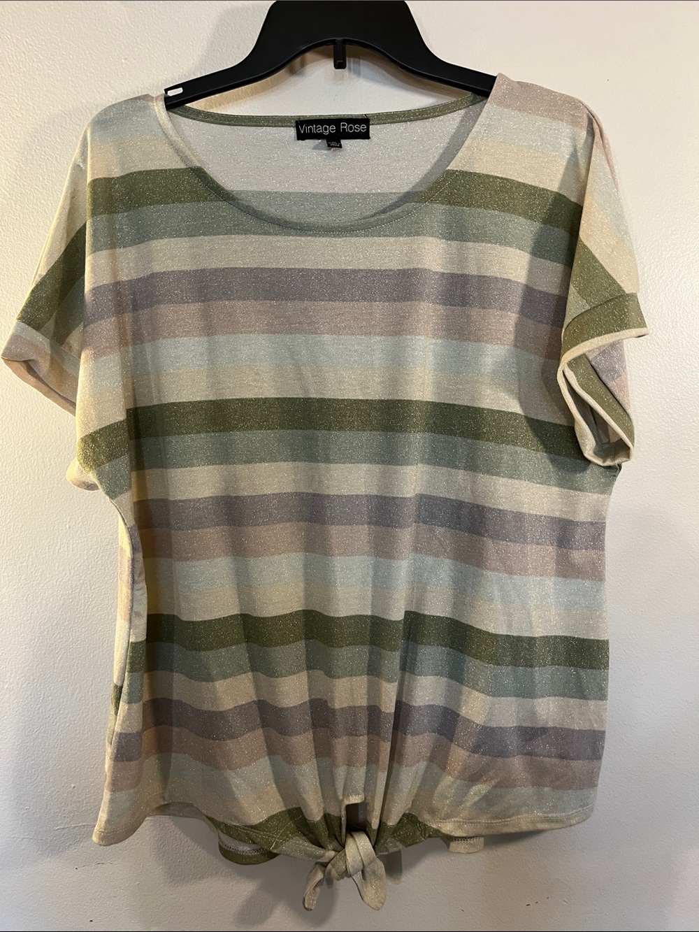 Vintage Rose Green & Cream Striped Tie-Hem Short Sleeve Tee